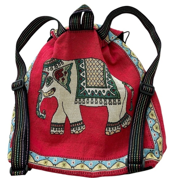 Tibetan Elephant Backpack Drawstring LARGE Red Multicolor Colorful - Picture 4 of 12